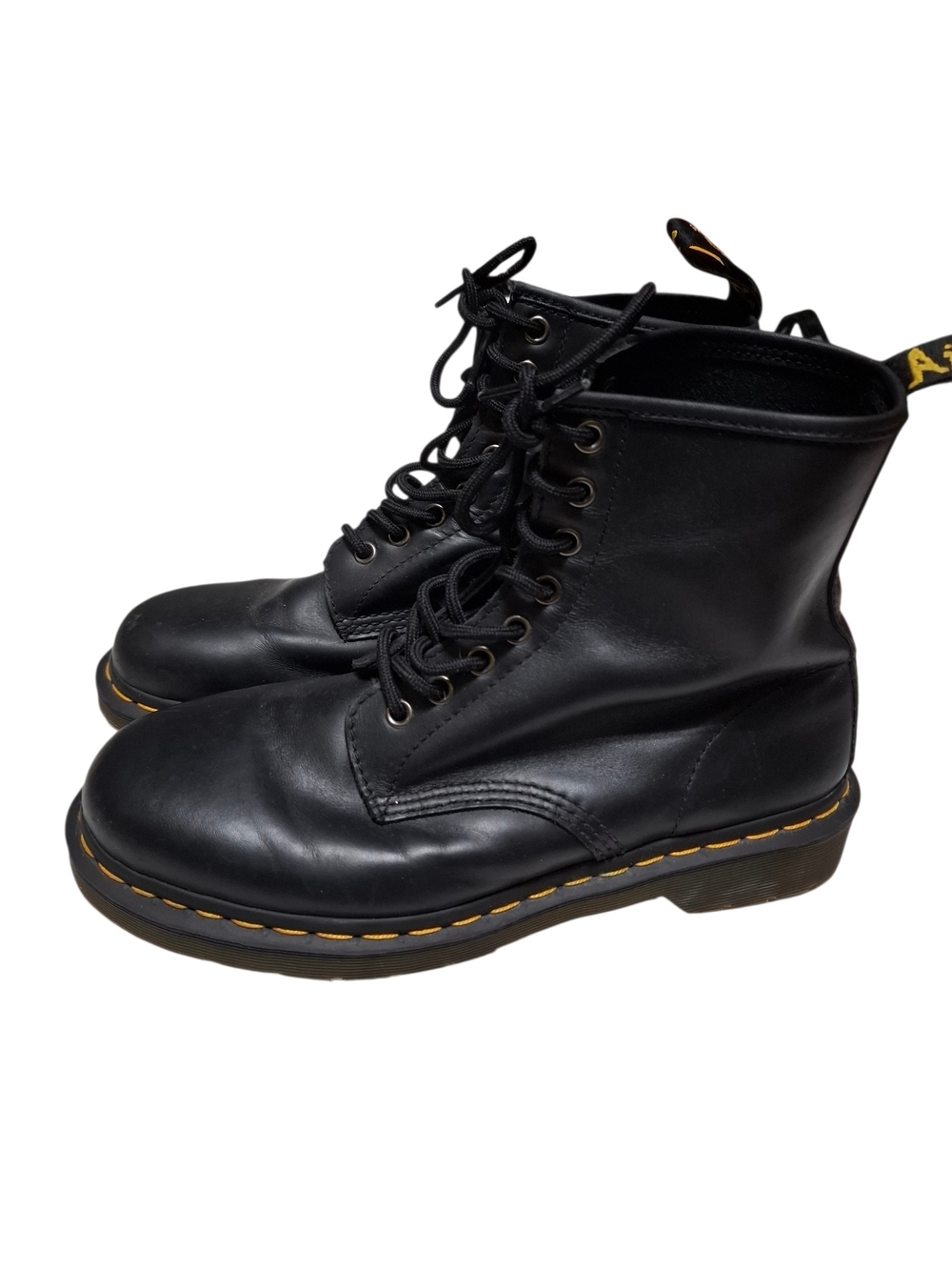 Dr. Martens Black Leather 1460 Lace-Up Combat Boots with Yellow Stitching L/10